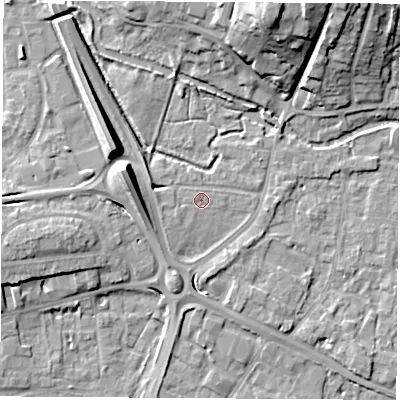 Shaded relief map of the ground around RG141HF, computed from Environment Agency LiDAR. The ground here sits at about 75 m above sea level and falls 17 m across the surrounding 800 m. Surface water reaching this point runs off ground lying to the west-north-west, 3.6 m higher.