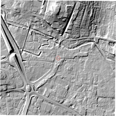 Shaded relief map of the ground around RG141HH, computed from Environment Agency LiDAR. The ground here sits at about 75 m above sea level and falls 17 m across the surrounding 800 m. Surface water reaching this point runs off ground lying to the west, 6.5 m higher.