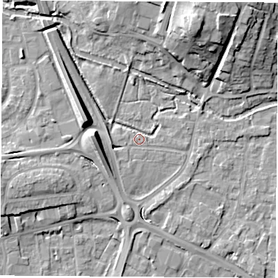Shaded relief map of the ground around RG141HJ, computed from Environment Agency LiDAR. The ground here sits at about 75 m above sea level and falls 17 m across the surrounding 800 m. Surface water reaching this point runs off ground lying to the west, 1.8 m higher.