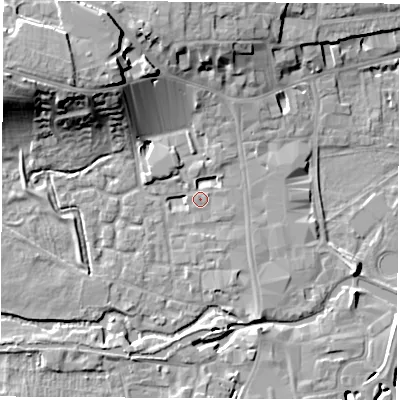 Shaded relief map of the ground around RG141HL, computed from Environment Agency LiDAR. The ground here sits at about 76 m above sea level and falls 19 m across the surrounding 800 m. Surface water reaching this point runs off ground lying to the south-south-east, 2.2 m higher.
