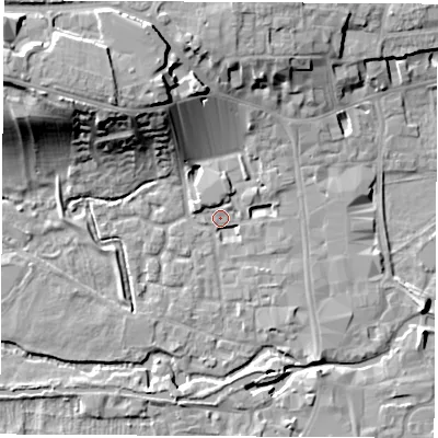 Shaded relief map of the ground around RG141HN, computed from Environment Agency LiDAR. The ground here sits at about 76 m above sea level and falls 19 m across the surrounding 800 m. Surface water reaching this point runs off ground lying to the north-west, 17.8 m higher.