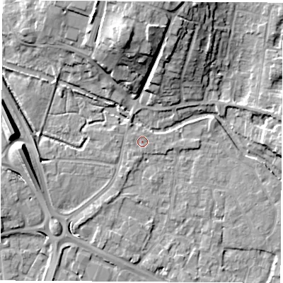 Shaded relief map of the ground around RG141HP, computed from Environment Agency LiDAR. The ground here sits at about 75 m above sea level and falls 17 m across the surrounding 800 m. Surface water reaching this point runs off ground lying to the south-west, 0.7 m higher.