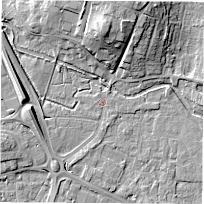 Shaded relief map of the ground around RG141HR, computed from Environment Agency LiDAR. The ground here sits at about 75 m above sea level and falls 17 m across the surrounding 800 m. Surface water reaching this point runs off ground lying to the north, 16.1 m higher.