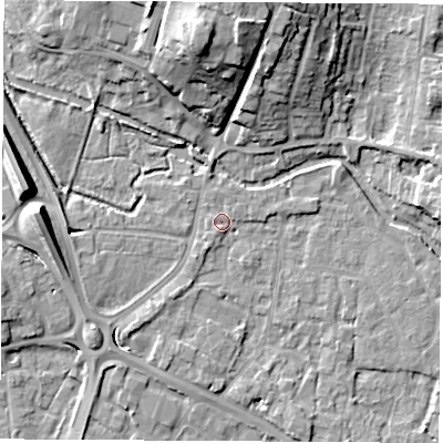 Shaded relief map of the ground around RG141HW, computed from Environment Agency LiDAR. The ground here sits at about 75 m above sea level and falls 17 m across the surrounding 800 m. Surface water reaching this point runs off ground lying to the south-south-west, 1.0 m higher.