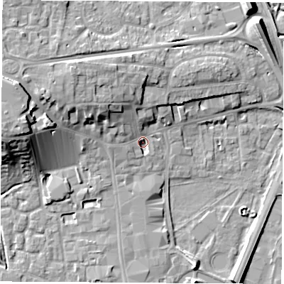 Shaded relief map of the ground around RG141JL, computed from Environment Agency LiDAR. The ground here sits at about 75 m above sea level and falls 16 m across the surrounding 800 m. Surface water reaching this point runs off ground lying to the west, 13.3 m higher.