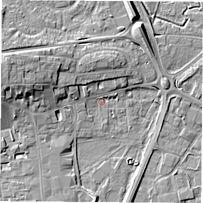 Shaded relief map of the ground around RG141JN, computed from Environment Agency LiDAR. The ground here sits at about 75 m above sea level and falls 12 m across the surrounding 800 m. Surface water reaching this point runs off ground lying to the north-west, 7.6 m higher.