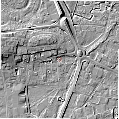Shaded relief map of the ground around RG141JP, computed from Environment Agency LiDAR. The ground here sits at about 74 m above sea level and falls 11 m across the surrounding 800 m. Surface water reaching this point runs off ground lying to the north-west, 4.5 m higher.