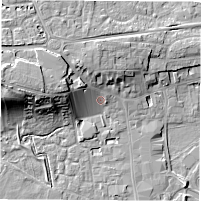 Shaded relief map of the ground around RG141JQ, computed from Environment Agency LiDAR. The ground here sits at about 78 m above sea level and falls 18 m across the surrounding 800 m. Surface water reaching this point runs off ground lying to the north-west, 4.4 m higher.