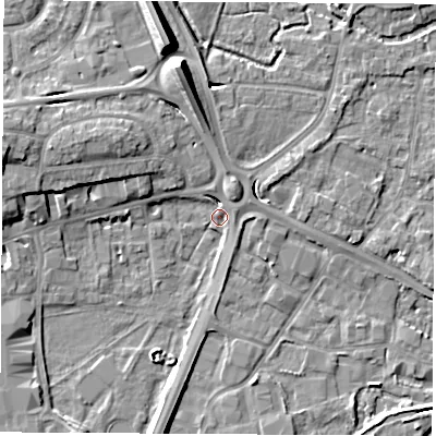 Shaded relief map of the ground around RG141JR, computed from Environment Agency LiDAR. The ground here sits at about 75 m above sea level and falls 11 m across the surrounding 800 m. Surface water reaching this point runs off ground lying to the north-north-west, 9.9 m higher.
