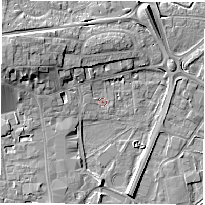 Shaded relief map of the ground around RG141JS, computed from Environment Agency LiDAR. The ground here sits at about 74 m above sea level and falls 12 m across the surrounding 800 m. Surface water reaching this point runs off ground lying to the west-north-west, 10.8 m higher.
