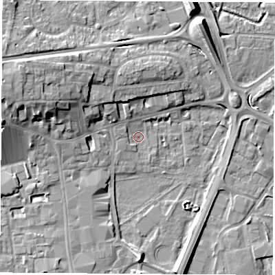 Shaded relief map of the ground around RG141JW, computed from Environment Agency LiDAR. The ground here sits at about 74 m above sea level and falls 12 m across the surrounding 800 m. Surface water reaching this point runs off ground lying to the west, 11.5 m higher.