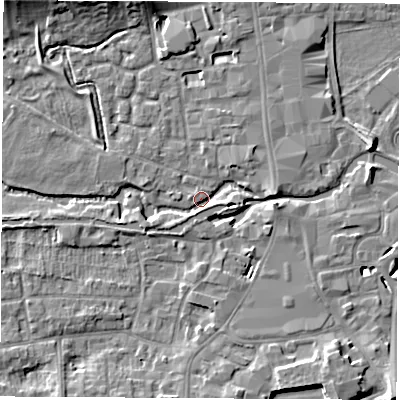 Shaded relief map of the ground around RG141JY, computed from Environment Agency LiDAR. The ground here sits at about 76 m above sea level and falls 9 m across the surrounding 800 m. Surface water reaching this point runs off ground lying to the north-north-west, 5.8 m higher.