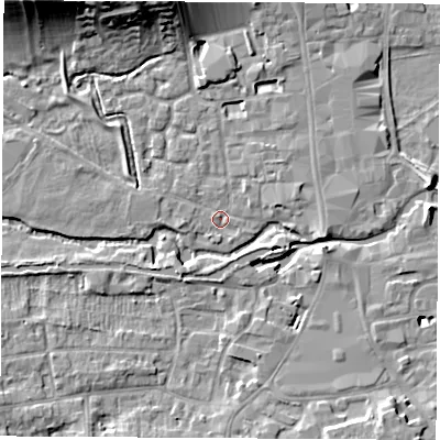 Shaded relief map of the ground around RG141JZ, computed from Environment Agency LiDAR. The ground here sits at about 76 m above sea level and falls 15 m across the surrounding 800 m. Surface water reaching this point runs off ground lying to the north-north-west, 12.9 m higher.