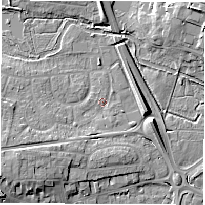 Shaded relief map of the ground around RG141LL, computed from Environment Agency LiDAR. The ground here sits at about 77 m above sea level and falls 15 m across the surrounding 800 m. Surface water reaching this point runs off ground lying to the south-west, 3.8 m higher.