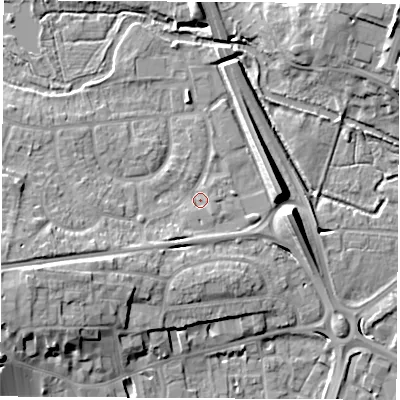 Shaded relief map of the ground around RG141LN, computed from Environment Agency LiDAR. The ground here sits at about 77 m above sea level and falls 14 m across the surrounding 800 m. Surface water reaching this point runs off ground lying to the west-south-west, 3.8 m higher.