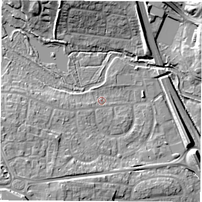Shaded relief map of the ground around RG141LT, computed from Environment Agency LiDAR. The ground here sits at about 77 m above sea level and falls 14 m across the surrounding 800 m. Surface water reaching this point runs off ground lying to the west-south-west, 1.6 m higher.