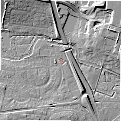 Shaded relief map of the ground around RG141LU, computed from Environment Agency LiDAR. The ground here sits at about 76 m above sea level and falls 16 m across the surrounding 800 m. Surface water reaching this point runs off ground lying to the south-east, 8.1 m higher.