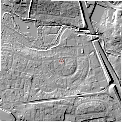 Shaded relief map of the ground around RG141LX, computed from Environment Agency LiDAR. The ground here sits at about 77 m above sea level and falls 14 m across the surrounding 800 m. Surface water reaching this point runs off ground lying to the south-west, 8.0 m higher.