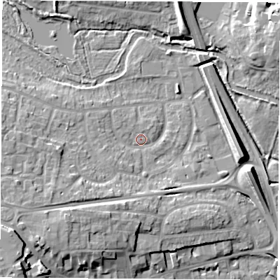 Shaded relief map of the ground around RG141LY, computed from Environment Agency LiDAR. The ground here sits at about 77 m above sea level and falls 16 m across the surrounding 800 m. Surface water reaching this point runs off ground lying to the west-south-west, 11.1 m higher.
