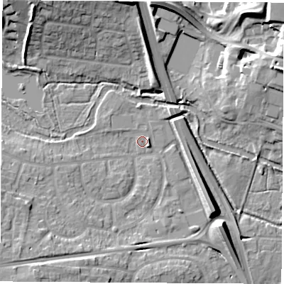 Shaded relief map of the ground around RG141NA, computed from Environment Agency LiDAR. The ground here sits at about 76 m above sea level and falls 16 m across the surrounding 800 m. Surface water reaching this point runs off ground lying to the south-west, 7.8 m higher.