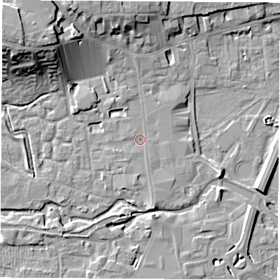 Shaded relief map of the ground around RG141ND, computed from Environment Agency LiDAR. The ground here sits at about 76 m above sea level and falls 18 m across the surrounding 800 m. Surface water reaching this point runs off ground lying to the south, 2.2 m higher.