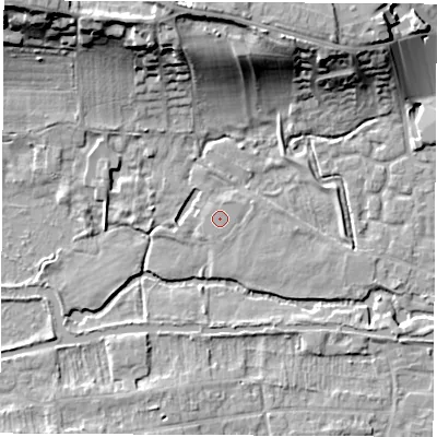 Shaded relief map of the ground around RG141RS, computed from Environment Agency LiDAR. The ground here sits at about 77 m above sea level and falls 20 m across the surrounding 800 m. The ground contributing surface water to this point lies to the north-north-west.