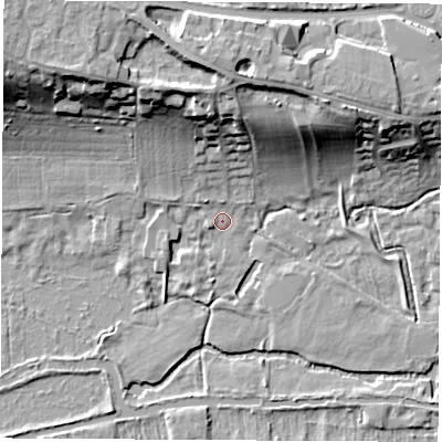 Shaded relief map of the ground around RG141RT, computed from Environment Agency LiDAR. The ground here sits at about 77 m above sea level and falls 19 m across the surrounding 800 m. Surface water reaching this point runs off ground lying to the north-north-west, 16.9 m higher.