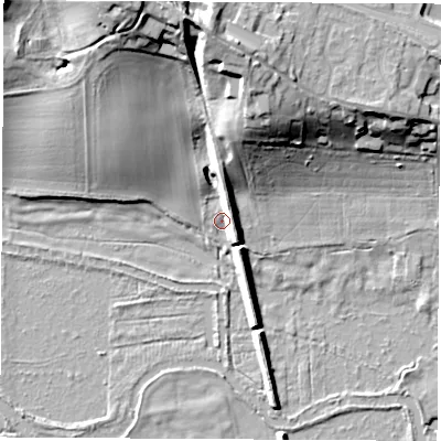 Shaded relief map of the ground around RG141RU, computed from Environment Agency LiDAR. The ground here sits at about 78 m above sea level and falls 27 m across the surrounding 800 m. Surface water reaching this point runs off ground lying to the north, 23.2 m higher.