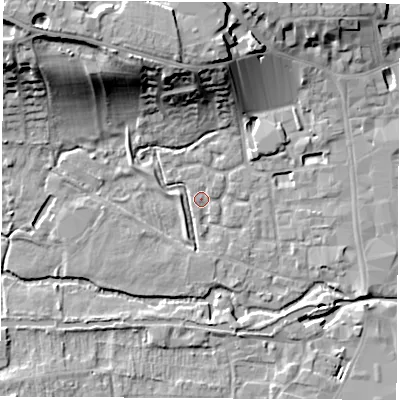 Shaded relief map of the ground around RG141XD, computed from Environment Agency LiDAR. The ground here sits at about 76 m above sea level and falls 20 m across the surrounding 800 m. Surface water reaching this point runs off ground lying to the south, 1.3 m higher.