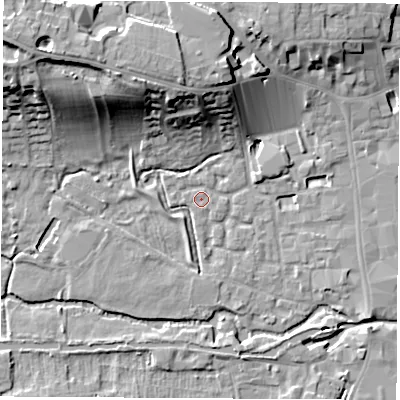 Shaded relief map of the ground around RG141XE, computed from Environment Agency LiDAR. The ground here sits at about 76 m above sea level and falls 20 m across the surrounding 800 m. Surface water reaching this point runs off ground lying to the north-west, 16.5 m higher.
