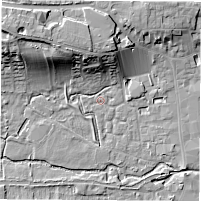Shaded relief map of the ground around RG141XF, computed from Environment Agency LiDAR. The ground here sits at about 76 m above sea level and falls 20 m across the surrounding 800 m. Surface water reaching this point runs off ground lying to the north-west, 16.5 m higher.