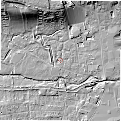 Shaded relief map of the ground around RG141XG, computed from Environment Agency LiDAR. The ground here sits at about 76 m above sea level and falls 19 m across the surrounding 800 m. Surface water reaching this point runs off ground lying to the south-south-west, 1.3 m higher.