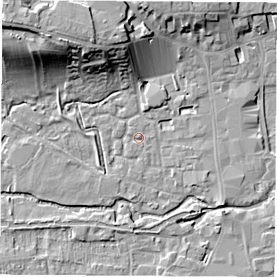 Shaded relief map of the ground around RG141XH, computed from Environment Agency LiDAR. The ground here sits at about 76 m above sea level and falls 19 m across the surrounding 800 m. Surface water reaching this point runs off ground lying to the north-east, 1.0 m higher.