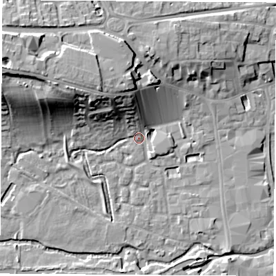 Shaded relief map of the ground around RG141XJ, computed from Environment Agency LiDAR. The ground here sits at about 77 m above sea level and falls 20 m across the surrounding 800 m. Surface water reaching this point runs off ground lying to the north-west, 17.3 m higher.
