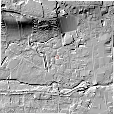 Shaded relief map of the ground around RG141XQ, computed from Environment Agency LiDAR. The ground here sits at about 76 m above sea level and falls 20 m across the surrounding 800 m. Surface water reaching this point runs off ground lying to the south-south-west, 1.3 m higher.