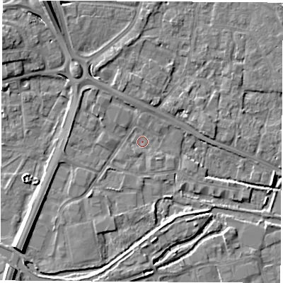 Shaded relief map of the ground around RG142AB, computed from Environment Agency LiDAR. The ground here sits at about 74 m above sea level and falls 9 m across the surrounding 800 m. Surface water reaching this point runs off ground lying to the south-west, 6.9 m higher.