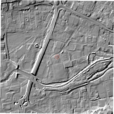 Shaded relief map of the ground around RG142AD, computed from Environment Agency LiDAR. The ground here sits at about 75 m above sea level and falls 7 m across the surrounding 800 m. Surface water reaching this point runs off ground lying to the north-east, 1.2 m higher.