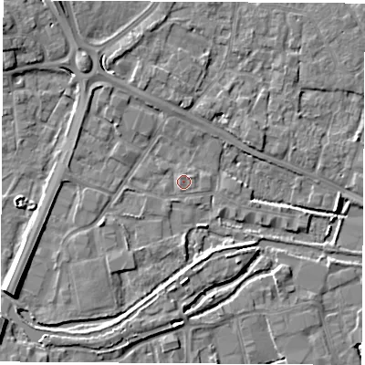 Shaded relief map of the ground around RG142AE, computed from Environment Agency LiDAR. The ground here sits at about 74 m above sea level and falls 7 m across the surrounding 800 m. Surface water reaching this point runs off ground lying to the south-south-west, 0.8 m higher.