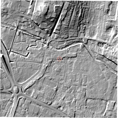 Shaded relief map of the ground around RG142AP, computed from Environment Agency LiDAR. The ground here sits at about 74 m above sea level and falls 17 m across the surrounding 800 m. Surface water reaching this point runs off ground lying to the south-west, 2.6 m higher.