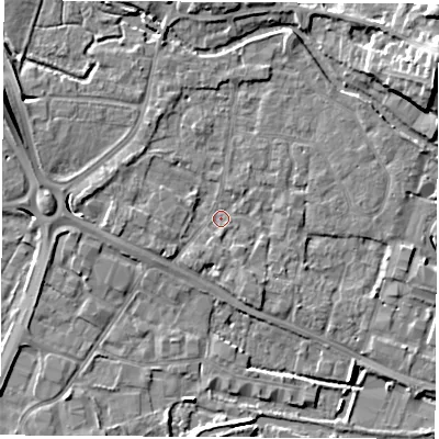 Shaded relief map of the ground around RG142AR, computed from Environment Agency LiDAR. The ground here sits at about 74 m above sea level and falls 10 m across the surrounding 800 m. Surface water reaching this point runs off ground lying to the west-south-west, 2.1 m higher.