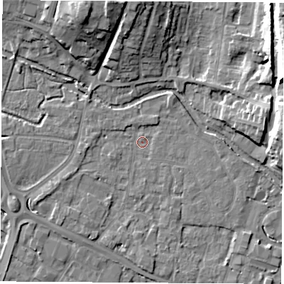 Shaded relief map of the ground around RG142AS, computed from Environment Agency LiDAR. The ground here sits at about 74 m above sea level and falls 17 m across the surrounding 800 m. Surface water reaching this point runs off ground lying to the west-south-west, 2.5 m higher.
