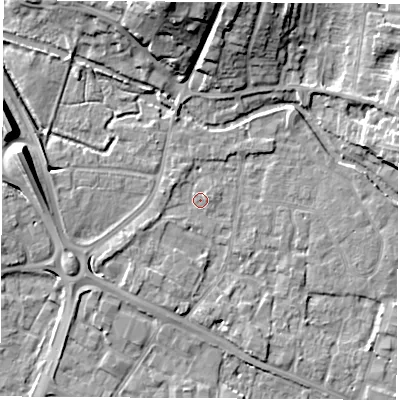 Shaded relief map of the ground around RG142AT, computed from Environment Agency LiDAR. The ground here sits at about 75 m above sea level and falls 17 m across the surrounding 800 m. Surface water reaching this point runs off ground lying to the west-south-west, 1.6 m higher.