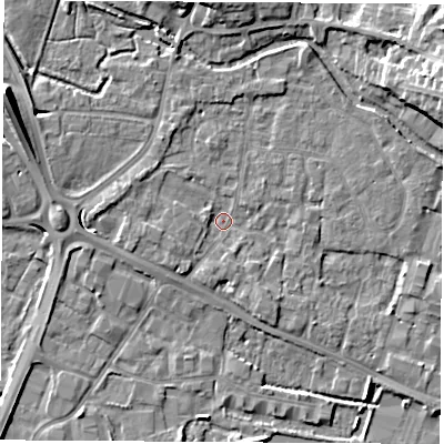 Shaded relief map of the ground around RG142AW, computed from Environment Agency LiDAR. The ground here sits at about 74 m above sea level and falls 10 m across the surrounding 800 m. Surface water reaching this point runs off ground lying to the west-north-west, 2.4 m higher.