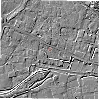 Shaded relief map of the ground around RG142BA, computed from Environment Agency LiDAR. The ground here sits at about 73 m above sea level and falls 15 m across the surrounding 800 m. Surface water reaching this point runs off ground lying to the west-north-west, 4.7 m higher.