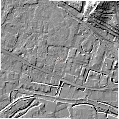 Shaded relief map of the ground around RG142BB, computed from Environment Agency LiDAR. The ground here sits at about 73 m above sea level and falls 24 m across the surrounding 800 m. Surface water reaching this point runs off ground lying to the west, 1.0 m higher.