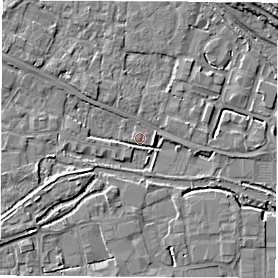 Shaded relief map of the ground around RG142BH, computed from Environment Agency LiDAR. The ground here sits at about 73 m above sea level and falls 14 m across the surrounding 800 m. Surface water reaching this point runs off ground lying to the west-south-west, 4.6 m higher.