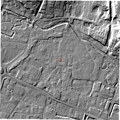 Shaded relief map of the ground around RG142BJ, computed from Environment Agency LiDAR. The ground here sits at about 74 m above sea level and falls 21 m across the surrounding 800 m. Surface water reaching this point runs off ground lying to the west-south-west, 0.7 m higher.