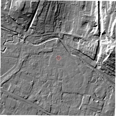 Shaded relief map of the ground around RG142BL, computed from Environment Agency LiDAR. The ground here sits at about 74 m above sea level and falls 23 m across the surrounding 800 m. The ground contributing surface water to this point lies to the north-north-west.