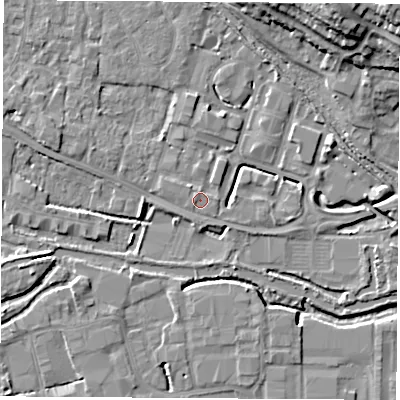 Shaded relief map of the ground around RG142BN, computed from Environment Agency LiDAR. The ground here sits at about 74 m above sea level and falls 18 m across the surrounding 800 m. Surface water reaching this point runs off ground lying to the north-west, 0.5 m higher.