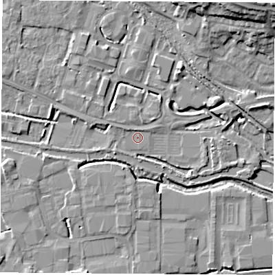 Shaded relief map of the ground around RG142BP, computed from Environment Agency LiDAR. The ground here sits at about 73 m above sea level and falls 17 m across the surrounding 800 m. Surface water reaching this point runs off ground lying to the north-west, 0.9 m higher.